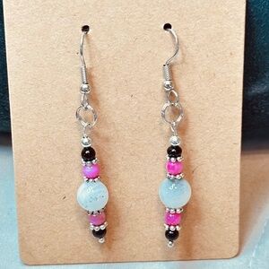 Stainless Steel Dangle Earrings w/Tourmalinated Quartz, Onyx & Crackle Quartz